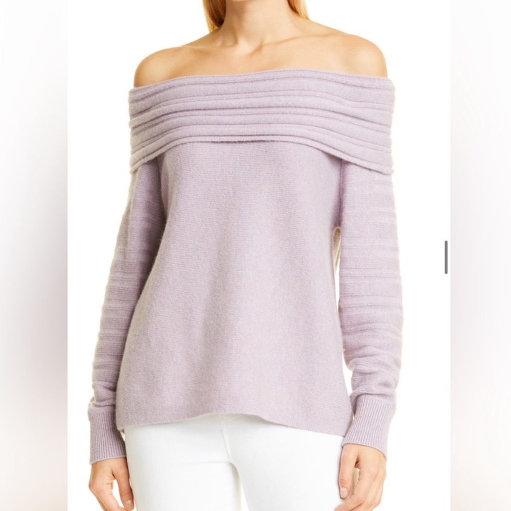 NEW Naadam Wool Cashmere Ribbed Off the Shoulder Sweater in Heathered Purple